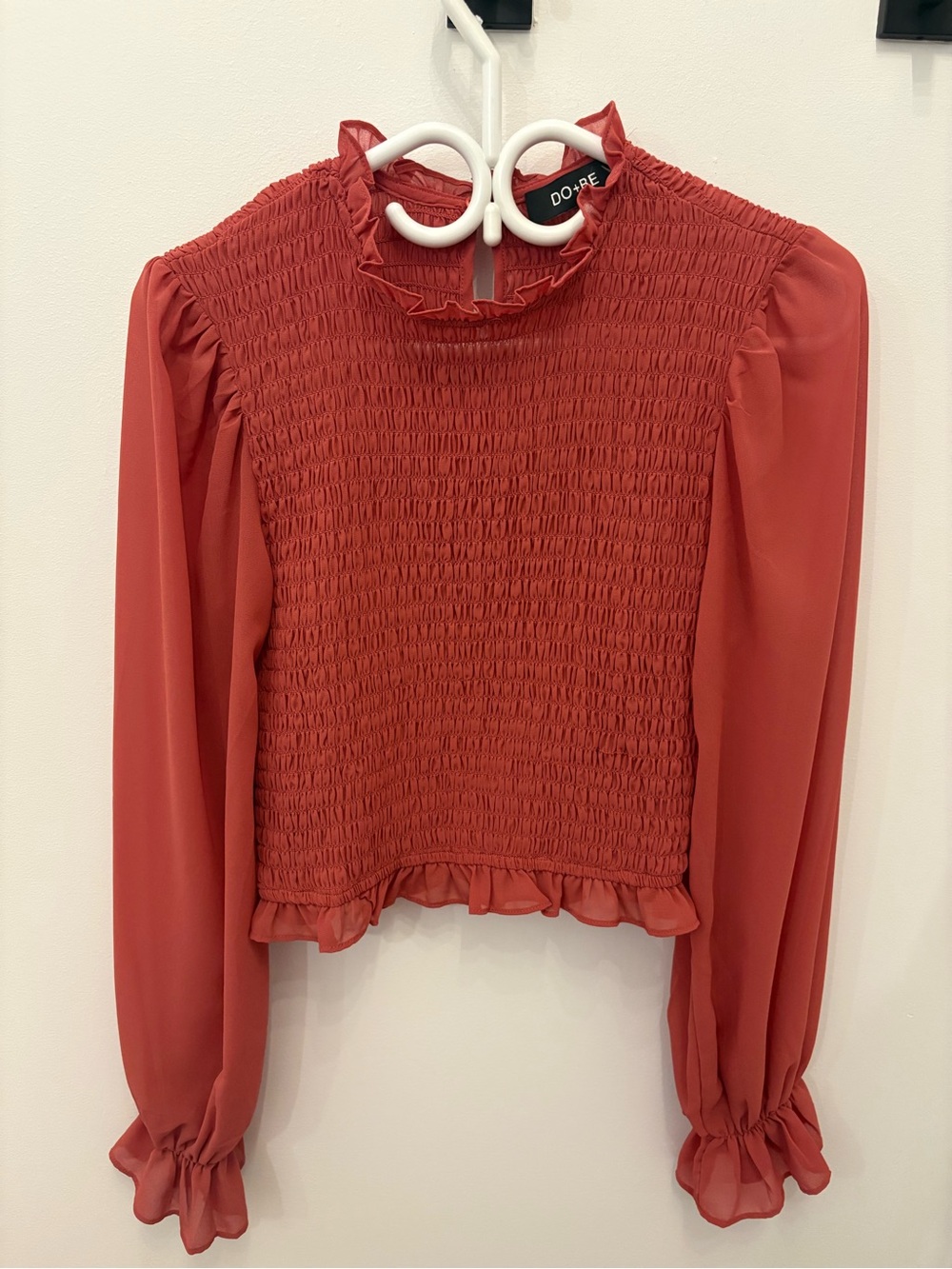 Smocked Ruffle Long-Sleeve Top in Terracotta